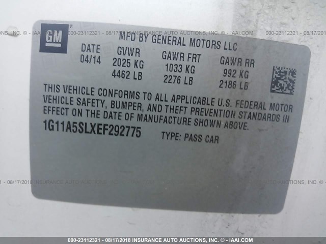 1G11A5SLXEF292775 - 2014 CHEVROLET MALIBU LS WHITE photo 9