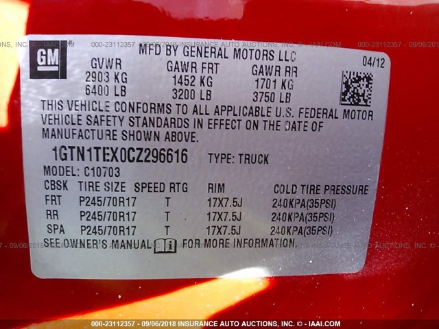 1GTN1TEX0CZ296616 - 2012 GMC SIERRA C1500 RED photo 9