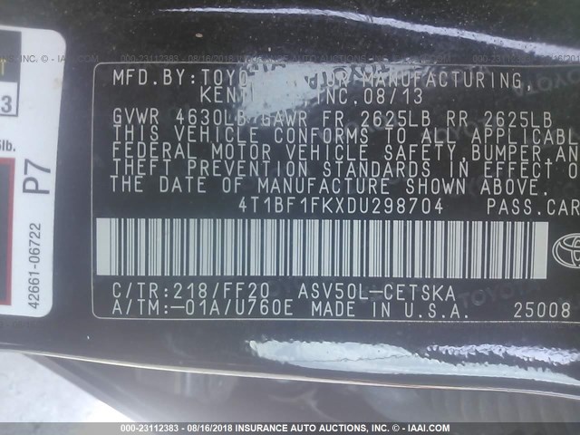 4T1BF1FKXDU298704 - 2013 TOYOTA CAMRY L/SE/LE/XLE BLACK photo 9