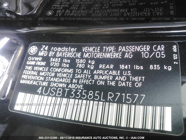 4USBT33585LR71577 - 2005 BMW Z4 2.5 BLACK photo 9