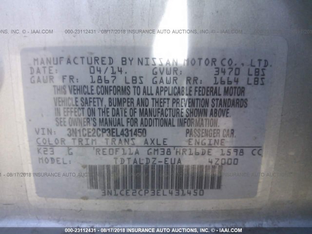 3N1CE2CP3EL431450 - 2014 NISSAN VERSA NOTE S/S PLUS/SV/SL SILVER photo 9