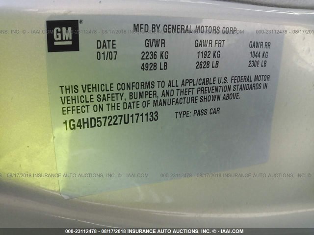 1G4HD57227U171133 - 2007 BUICK LUCERNE CXL GOLD photo 9