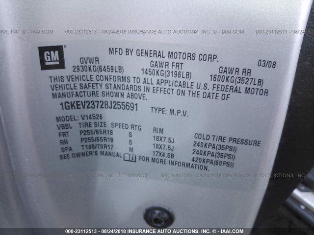 1GKEV23728J255691 - 2008 GMC ACADIA SLT-1 Argent photo 9