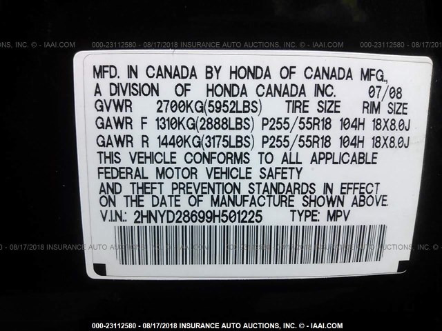 2HNYD28699H501225 - 2009 ACURA MDX TECHNOLOGY BLACK photo 9