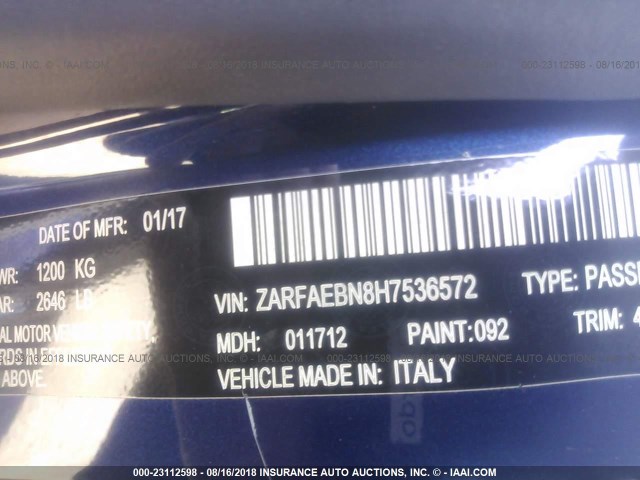 ZARFAEBN8H7536572 - 2017 ALFA ROMEO GIULIA BLUE photo 9