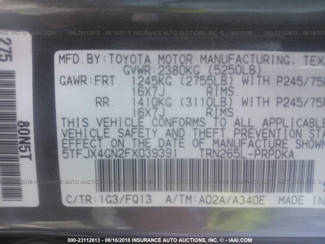 5TFJX4GN2FX039391 - 2015 TOYOTA TACOMA DOUBLE CAB PRERUNNER GRAY photo 9