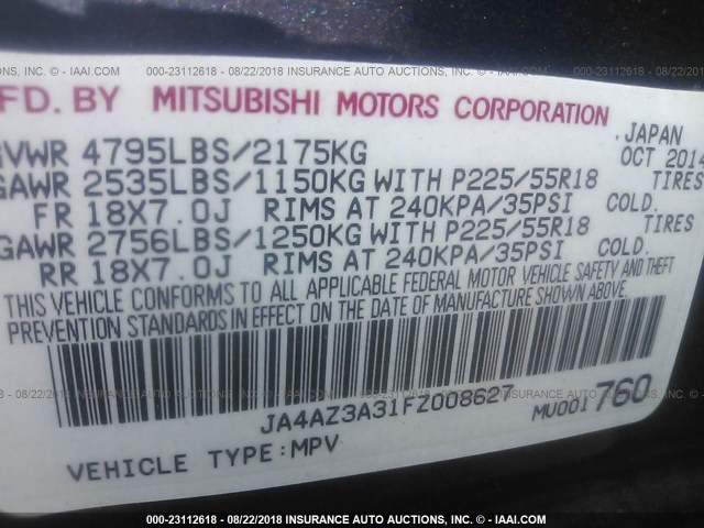 JA4AZ3A31FZ008627 - 2015 MITSUBISHI OUTLANDER SE Dark Blue photo 9