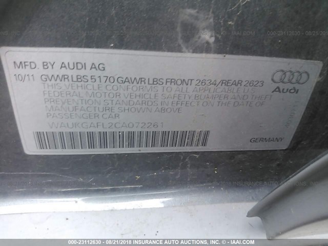 WAUKGAFL2CA072261 - 2012 AUDI S4 PRESTIGE GRAY photo 9