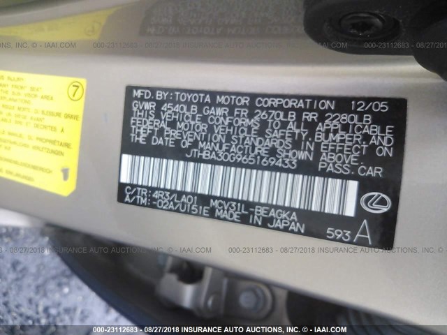 JTHBA30G965169433 - 2006 LEXUS ES 330 GOLD photo 9