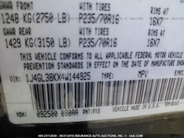 1J4GL38KX4W144925 - 2004 JEEP LIBERTY RENEGADE 黑色 照片 9