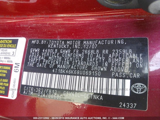 4T1BK46K68U069150 - 2008 TOYOTA CAMRY LE/XLE/SE Qırmızı foto 9