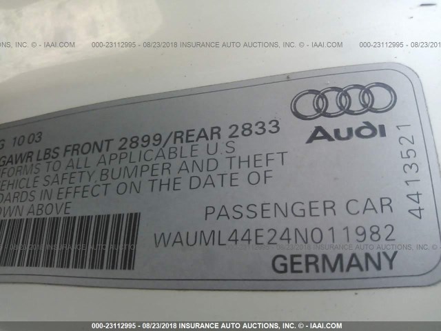 WAUML44E24N011982 - 2004 AUDI A8 L QUATTRO WHITE photo 9