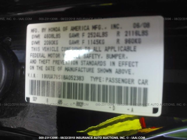 19UUA76518A052383 - 2008 ACURA TL TYPE S BLACK photo 9