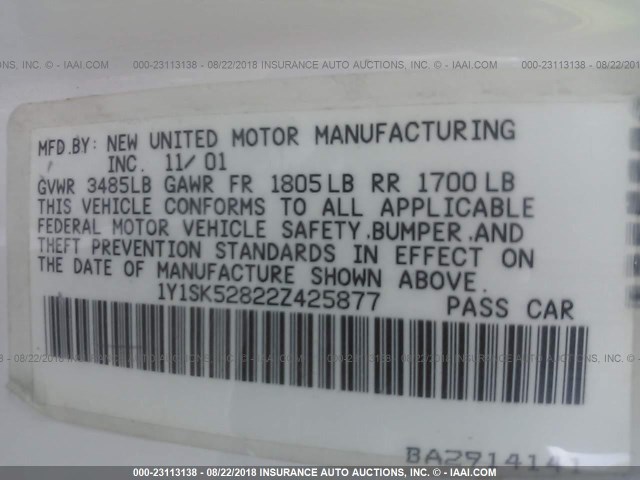 1Y1SK52822Z425877 - 2002 CHEVROLET GEO PRIZM LSI WHITE photo 9
