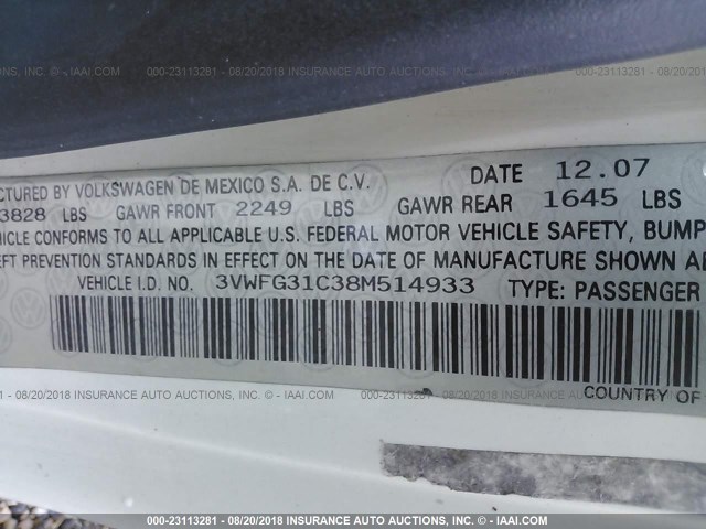 3VWFG31C38M514933 - 2008 VOLKSWAGEN NEW BEETLE TRIPLE WHITE WHITE photo 9