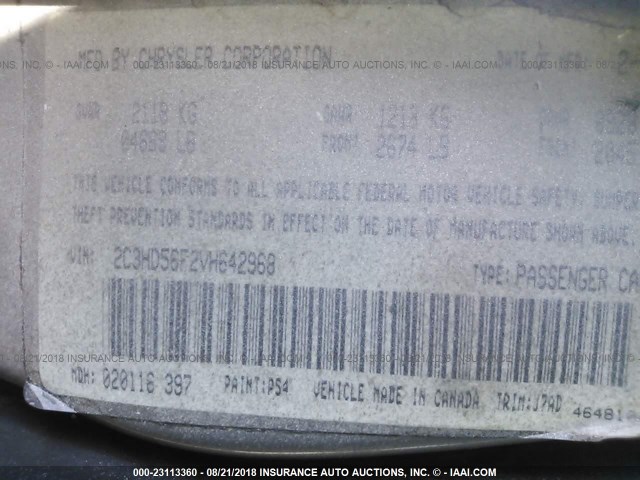 2C3HD56F2VH642968 - 1997 CHRYSLER CONCORDE LX/LXI GRAY photo 9