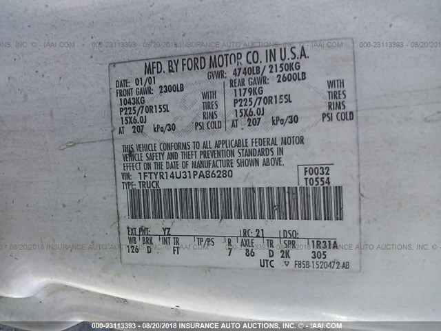 1FTYR14U31PA86280 - 2001 FORD RANGER SUPER CAB BLACK photo 9