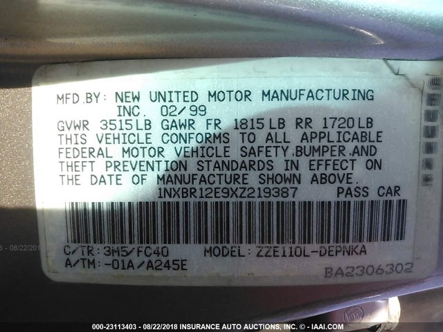 1NXBR12E9XZ219387 - 1999 TOYOTA COROLLA VE/CE/LE 香槟色 照片 9