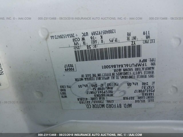 1FMPU16LX4LB65001 - 2004 FORD EXPEDITION XLT WHITE photo 9