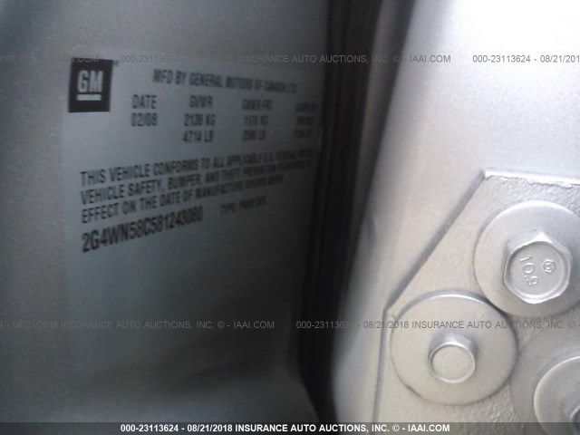 2G4WN58C581243080 - 2008 BUICK LACROSSE SUPER SERIES SILVER photo 9