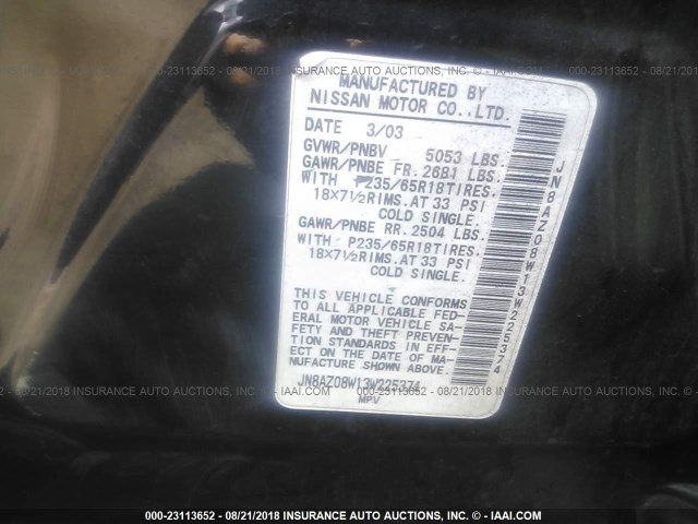 JN8AZ08W13W225374 - 2003 NISSAN MURANO SL/SE BLACK photo 9