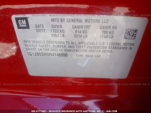 1G1JB5SH0H4148998 - 2017 CHEVROLET SONIC LS RED photo 9