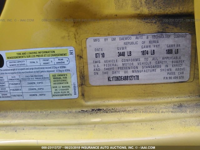 KL1TD6DE4BB127178 - 2011 CHEVROLET AVEO LS/LT 黄色 照片 9