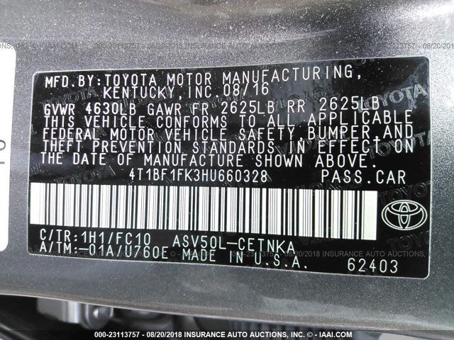 4T1BF1FK3HU660328 - 2017 TOYOTA CAMRY LE/XLE/SE/XSE GRAY photo 9