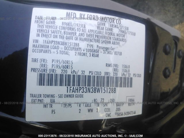 1FAHP33N38W151288 - 2008 FORD FOCUS SE/SEL/SES BLACK photo 9