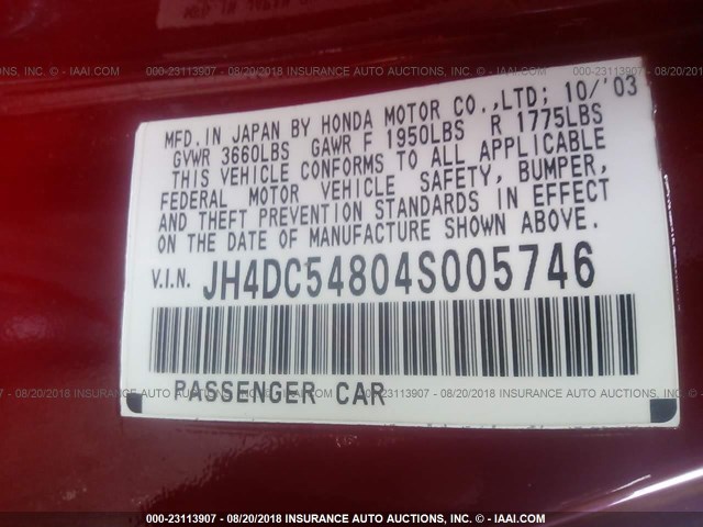 JH4DC54804S005746 - 2004 ACURA RSX RED photo 9