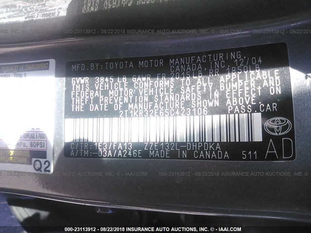 2T1KR32E65C423106 - 2005 TOYOTA COROLLA MATRIX XR GRAY photo 9