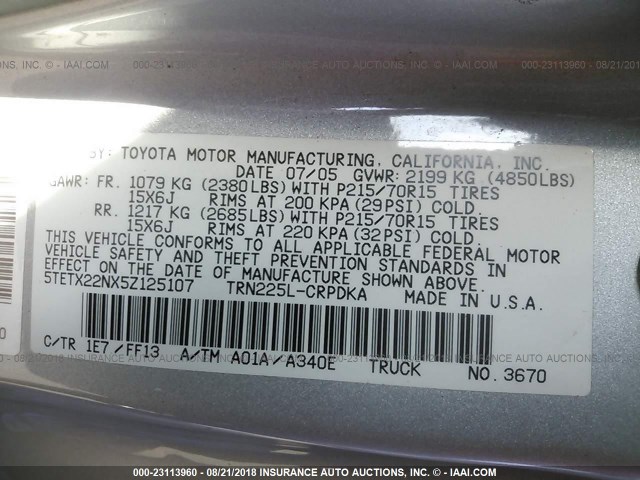 5TETX22NX5Z125107 - 2005 TOYOTA TACOMA ACCESS CAB Silber Foto 9