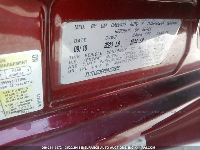 KL1TD5DE2BB152526 - 2011 CHEVROLET AVEO LS/LT წითელი ფოტო 9