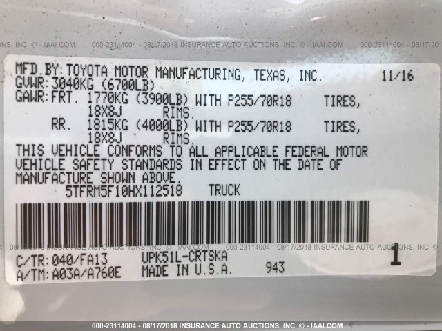 5TFRM5F10HX112518 - 2017 TOYOTA TUNDRA WHITE photo 9