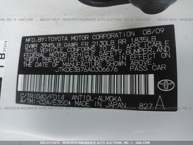 JTKDE3B76A0306676 - 2010 TOYOTA SCION TC 白色 照片 9