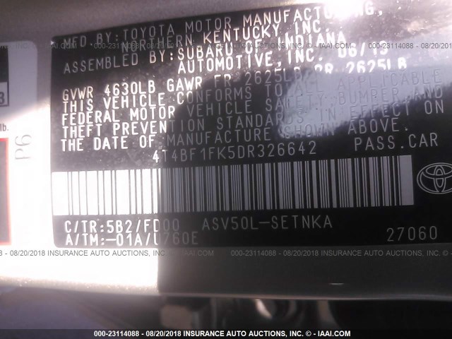 4T4BF1FK5DR326642 - 2013 TOYOTA CAMRY L/SE/LE/XLE 金色 照片 9