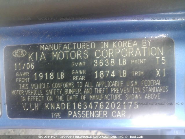 KNADE163476202175 - 2007 KIA RIO 5 SX BLUE photo 9