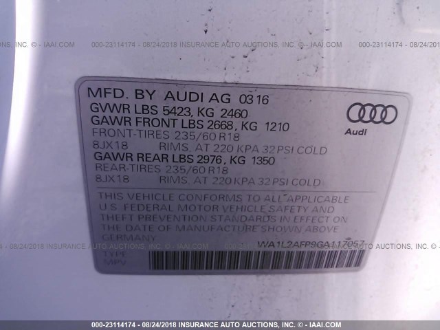 WA1L2AFP9GA117057 - 2016 AUDI Q5 PREMIUM PLUS WHITE photo 9