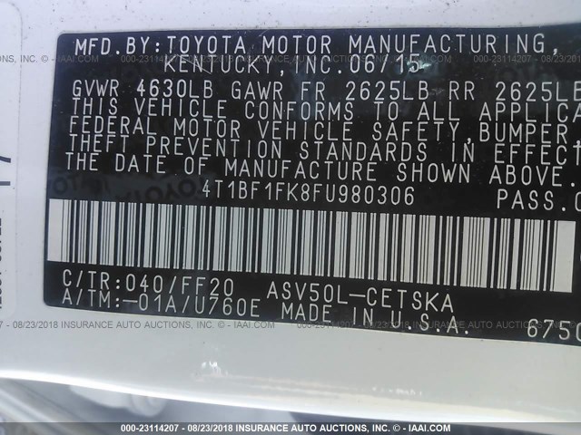 4T1BF1FK8FU980306 - 2015 TOYOTA CAMRY LE/XLE/SE/XSE 白色 照片 9