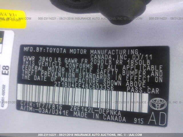 2T1BU4EE4BC603356 - 2011 TOYOTA COROLLA S/LE SILVER photo 9