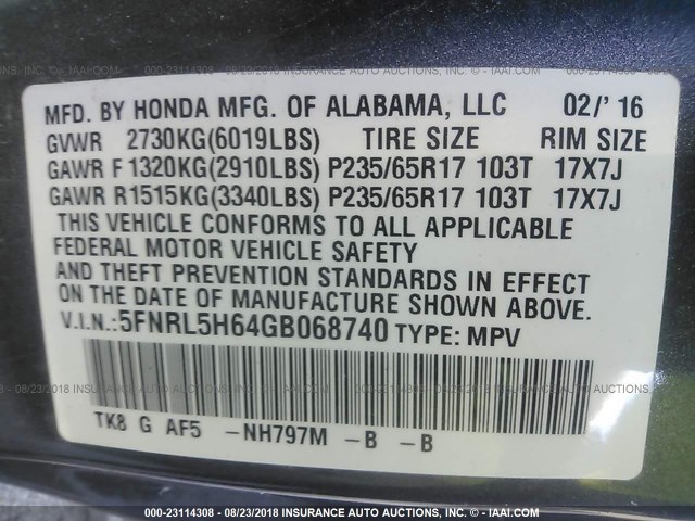 5FNRL5H64GB068740 - 2016 HONDA ODYSSEY EXL GRAY photo 9