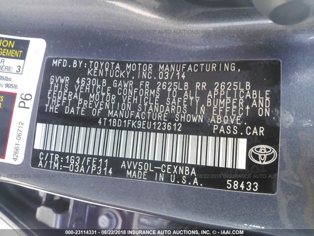 4T1BD1FK9EU123612 - 2014 TOYOTA CAMRY HYBRID/LE/XLE 灰色 照片 9