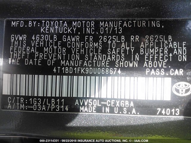 4T1BD1FK9DU068674 - 2013 TOYOTA CAMRY HYBRID/LE/XLE 灰色 照片 9