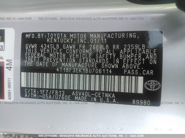 4T1BF3EK1BU706114 - 2011 TOYOTA CAMRY SE/LE/XLE 银色 照片 9