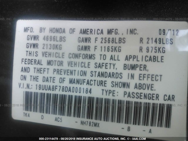 19UUA8F78DA000184 - 2013 ACURA TL ADVANCE GRAY photo 9