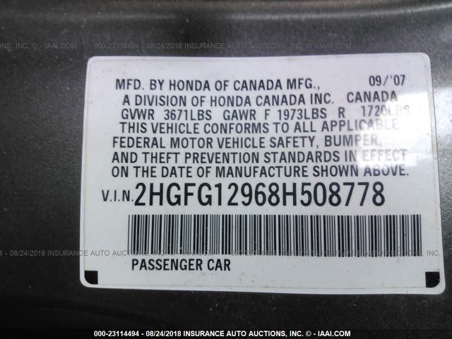 2HGFG12968H508778 - 2008 HONDA CIVIC EXL 灰色 照片 9