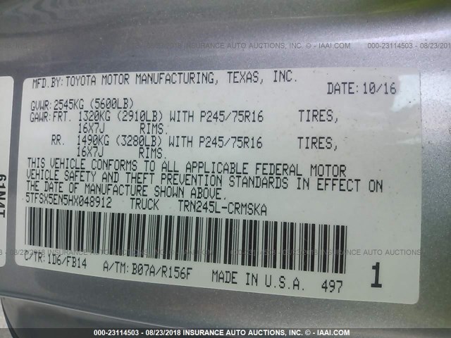 5TFSX5EN5HX048912 - 2017 TOYOTA TACOMA ACCESS CAB/SR/SR5 ვერცხლისფერი ფოტო 9