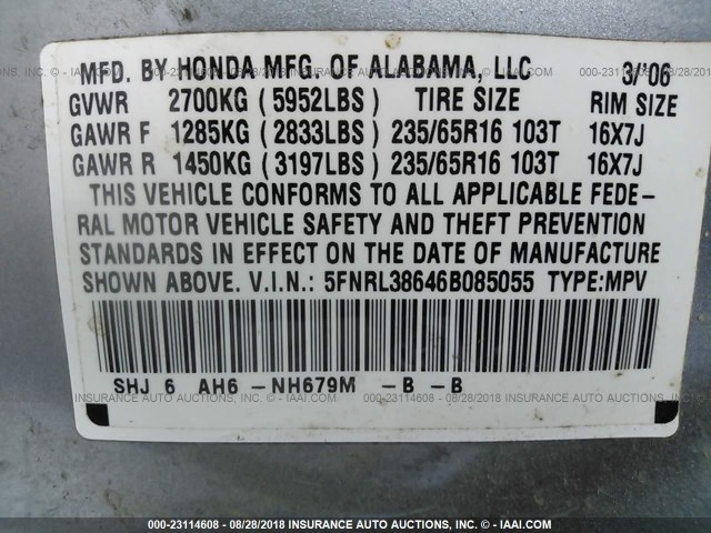 5FNRL38646B085055 - 2006 HONDA ODYSSEY EXL BLUE photo 9