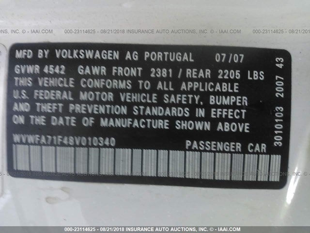 WVWFA71F48V010340 - 2008 VOLKSWAGEN EOS LUX Biały zdjęcie 9