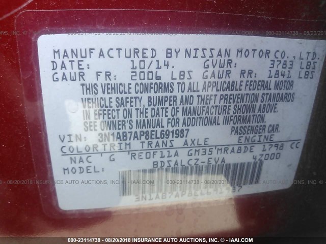 3N1AB7AP8EL691987 - 2014 NISSAN SENTRA S/SV/SR/SL RED photo 9